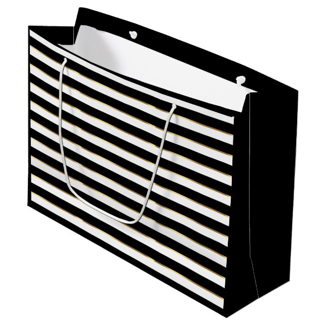 Eleganter Schwarz-weißer, horizontaler Streifen Große Geschenktüte (Vorderseite Schrägansicht)