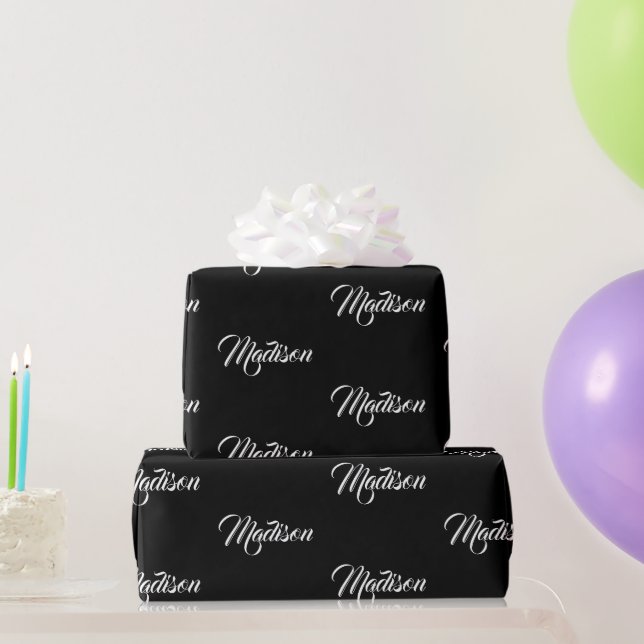 Eleganter Schwarz-weißer Kalligraphiename Geschenkpapier (Partygeschenke)