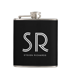 Eleganter Schwarz-weißer Monogramm-Name Flachmann