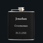 Eleganter Schwarz-weißer Personalisierter Trauzeug Flachmann<br><div class="desc">Eleganter Schwarz-weißer Personalisierter Trauzeuge Flask, bitte personalisieren Sie den Namen des Trauzeugen und das Datum der Hochzeit, mit der Online-Personalisierung Vorlage vor der Bestellung. Der Kolben kann alternativ für andere Hochzeitsbegleiter personalisiert sein, z. B. für Trauzeuge, falls Sie dies wünschen, indem Sie den entsprechenden Text vor der Bestellung entsprechend ändern....</div>