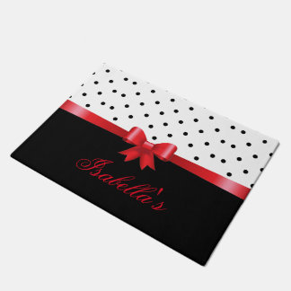 Eleganter Schwarz-weißer Polka Punkte roter Bogen Fußmatte