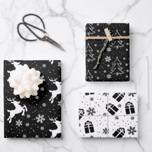 Eleganter Schwarz-weißer Rentier und Christbaum Geschenkpapier Set