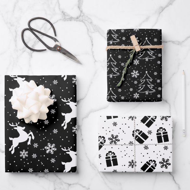 Eleganter Schwarz-weißer Rentier und Christbaum Geschenkpapier Set (Vorderseite)