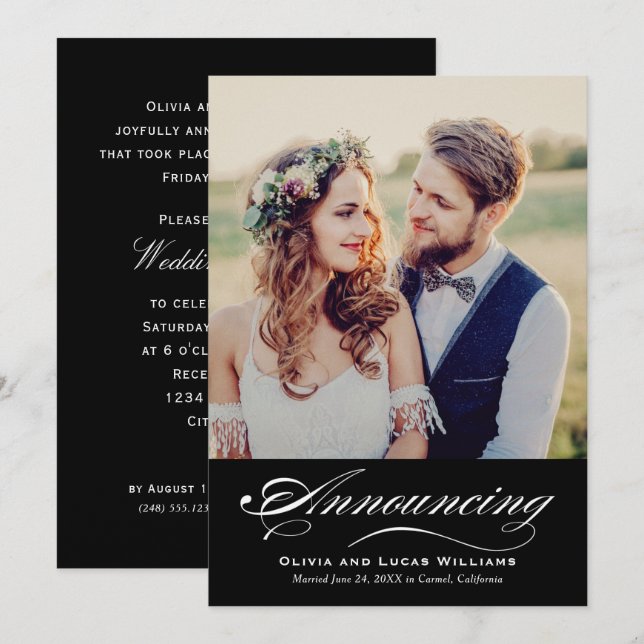 Eleganter Schwarz-weißer Script Wedding Foto Empfa Einladung (Vorne/Hinten)