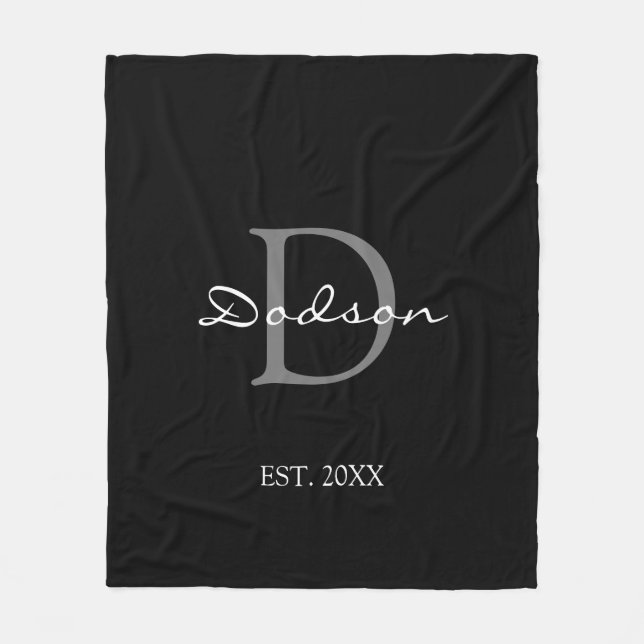 Eleganter Schwarz-weißer Skriptmonogrammname Fleecedecke (Vorderseite)