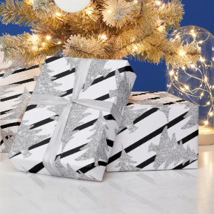 Eleganter Schwarz-weißer Streifen Silberner Weihn Geschenkpapier