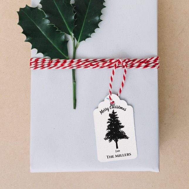Eleganter Schwarz-weißer Weihnachtsbaum Frohe Weih Geschenkanhänger (Elegant Black White Christmas Tree Merry Christmas Gift Tags)