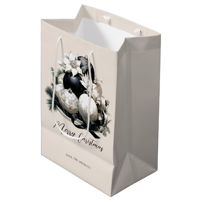 Eleganter schwarzbeiger Elfenbein Weihnachtsschmuc Mittlere Geschenktüte (Vorderseite Schrägansicht)