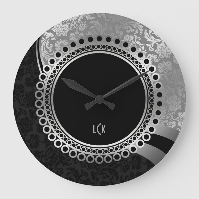 Eleganter schwarze und silberne Damast-verzierter Große Wanduhr (Vorderseite)
