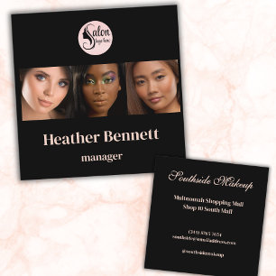 Eleganter schwarzer 3-Foto-Quadrat-Make-up-Artist  Quadratische Visitenkarte