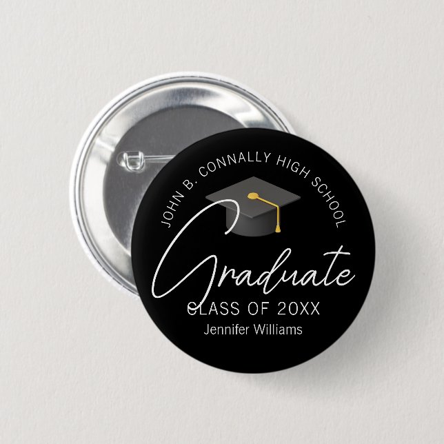 Eleganter schwarzer Absolvent personalisierter Abs Button (Vorne & Hinten)