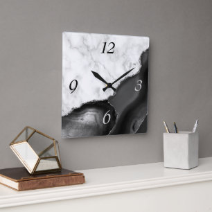 Eleganter schwarzer Achat mit Silberglittermarmor Quadratische Wanduhr