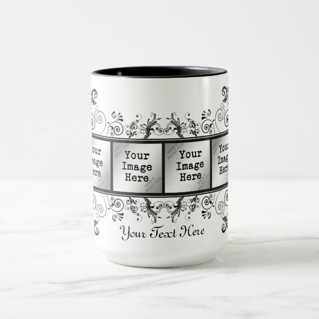 Eleganter Schwarzer Blüh 6-Foto-Rahmen Tasse (Zentrum)