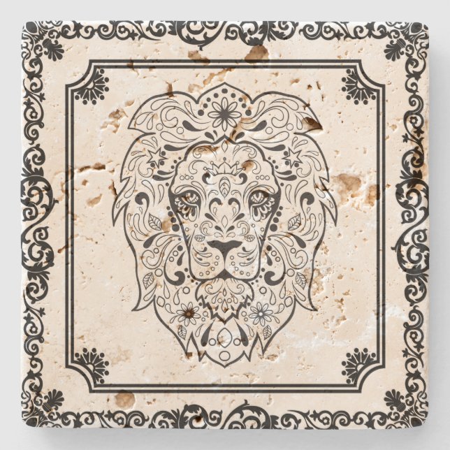 Eleganter schwarzer Blumenrahmen Lion Sugar Skull Steinuntersetzer (Vorderseite)