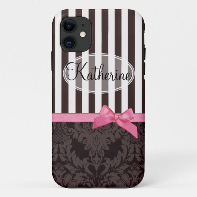 Eleganter schwarzer Damast und Streifen Case-Mate iPhone Hülle (Rückseite)