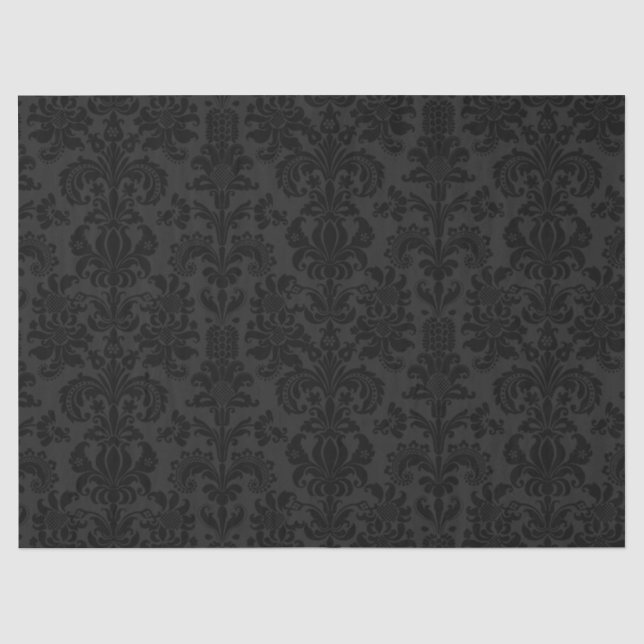 Eleganter schwarzer Floral Damaskus über dunkelgra Seidenpapier (Vorderseite)