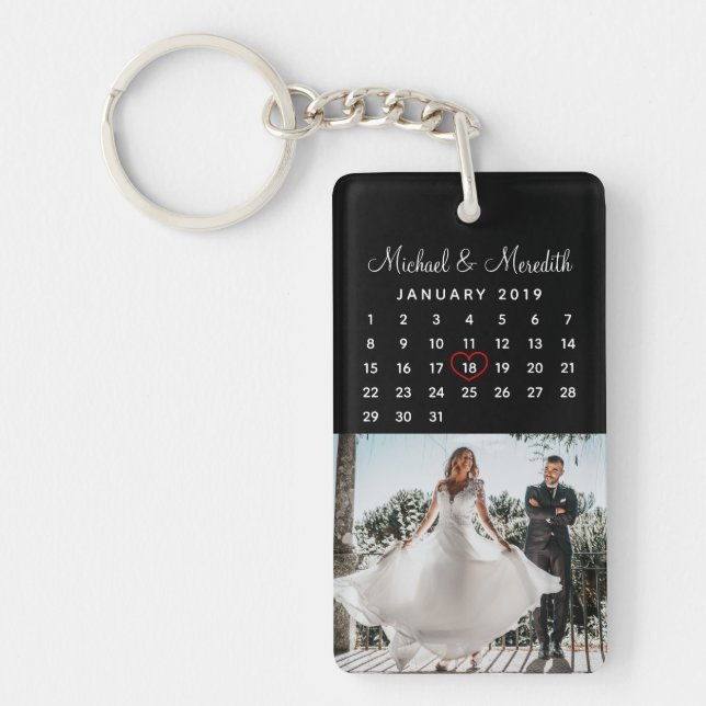 Eleganter Schwarzer Foto-Hochzeitskalender Schlüsselanhänger (Vorderseite)