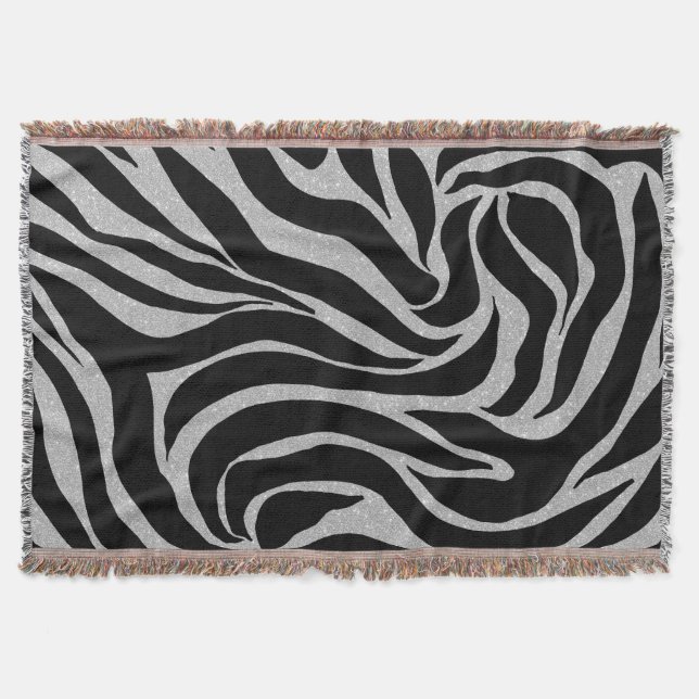 Eleganter Schwarzer Glitzer Silver Zebra Animal Pr Decke (Vorderseite)