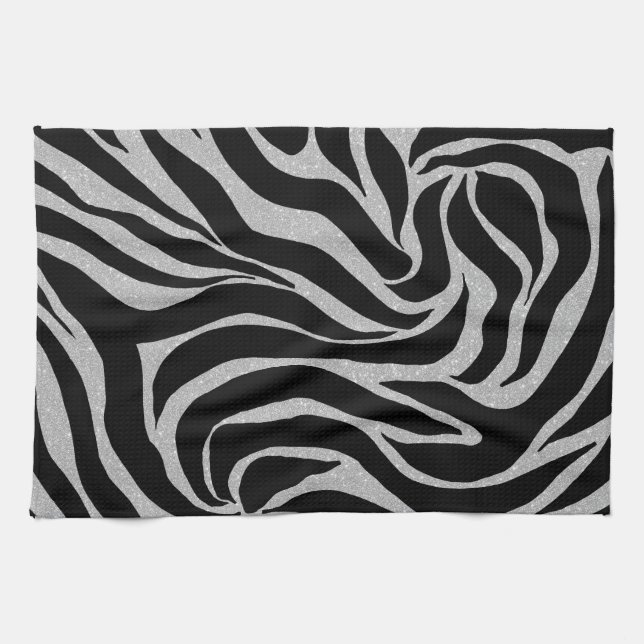Eleganter Schwarzer Glitzer Silver Zebra Animal Pr Geschirrtuch (Horizontal)