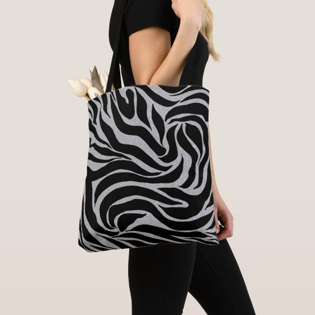 Eleganter Schwarzer Glitzer Silver Zebra Animal Pr Tasche (Von Nahem)