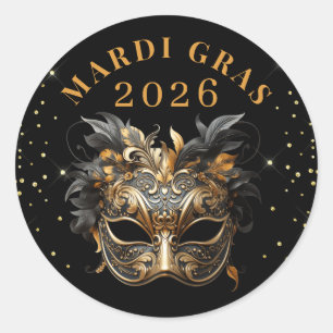 Eleganter schwarzer Gold-Glitter Mardi Gras 2026 Runder Aufkleber