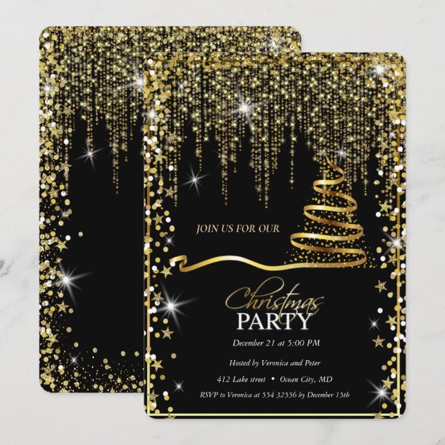 Eleganter Schwarzer-Gold Sparkle Einladung (Vorne/Hinten)