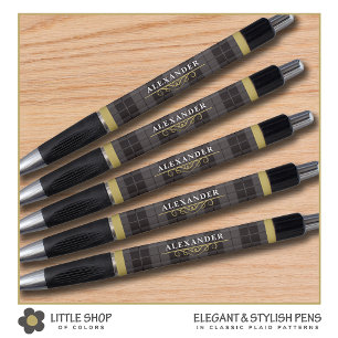 Eleganter schwarzer Gold-Tartan-Karo-Monogramm-Sti Kugelschreiber