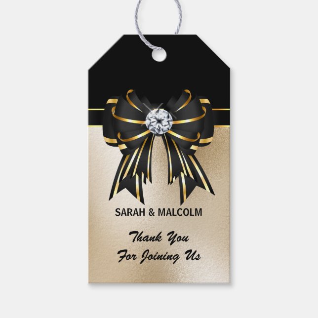 Eleganter, schwarzer Goldbogen-Diamant-Chic-Gefall Geschenkanhänger (Vorderseite)