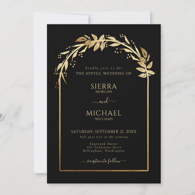 Eleganter Schwarzer goldener Foliage Hochzeitsplat Einladung (Vorderseite)