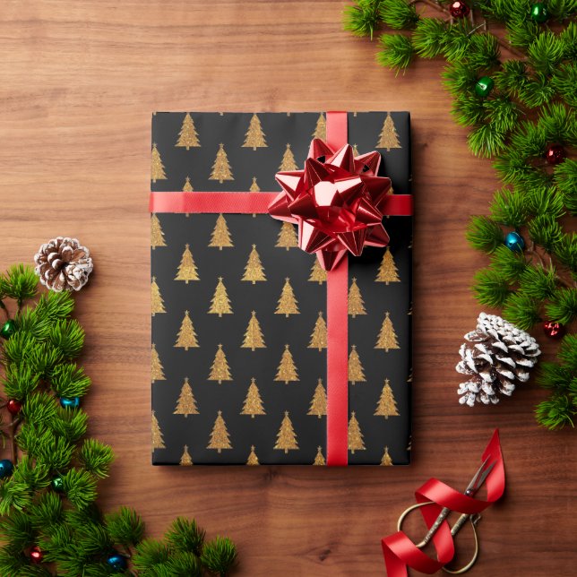 Eleganter schwarzer goldener Glitzer Weihnachtsbäu Geschenkpapier (Feiertagsgeschenk)