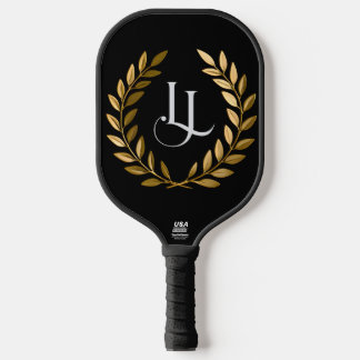 Eleganter schwarzer & goldener Lorbeer-Monogramm-P Pickleball Schläger