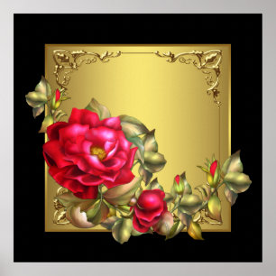 Eleganter schwarzer goldener roter Rosenkunst Druc Poster