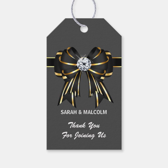 Eleganter schwarzer goldgrauer Satin-Bogen-Diamant Geschenkanhänger (Vorderseite)