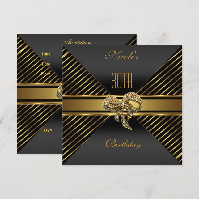 Eleganter schwarzer Goldstreifen 30. Geburtstag Ei Einladung (Vorne/Hinten)