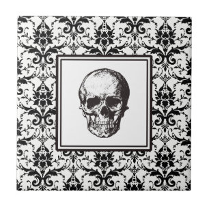 Eleganter schwarzer gothischer Damast-Totenkopf im Fliese