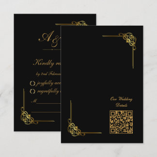 Eleganter schwarzer Hochzeits-Event-QR-Code in Gol RSVP Karte
