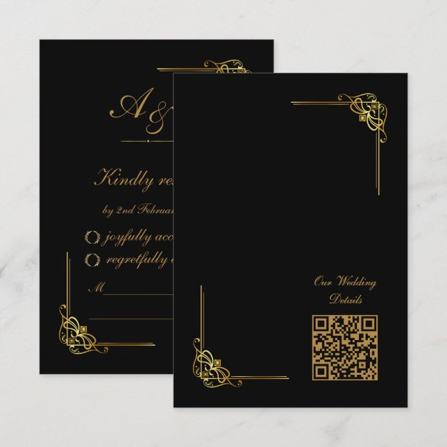 Eleganter schwarzer Hochzeits-Event-QR-Code in Gol RSVP Karte (Vorne/Hinten)
