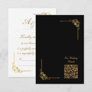 Eleganter schwarzer Hochzeits-Event-QR-Code in Gol RSVP Karte