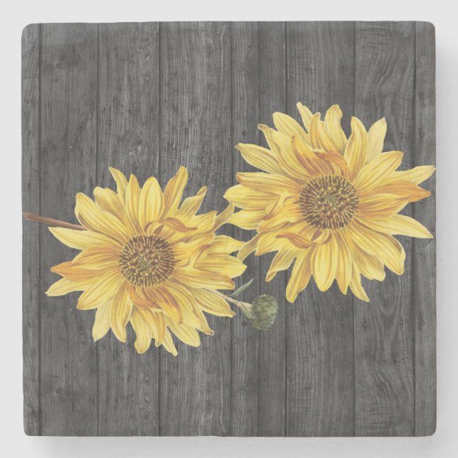 Eleganter Schwarzer Holzkörner und Sonnenblumen-Un Steinuntersetzer (Vorderseite)