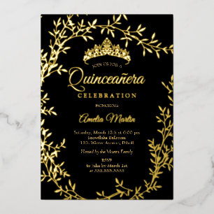 Eleganter schwarzer Kranz mit Goldblatt für Quince Folieneinladung
