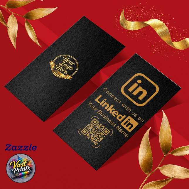 Eleganter schwarzer LinkedIn-QR-Code mit Gold-Verb Visitenkarte (Elegant Black Gold LinkedIn QR Code Business Card)
