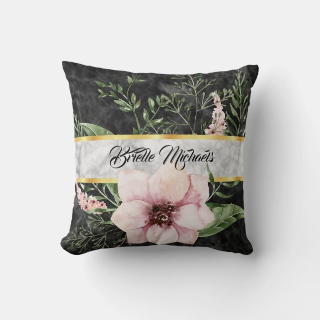 Eleganter schwarzer Marmor Rosa Blüte mit Namen Kissen (Vorderseite)