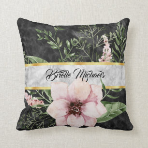 Eleganter schwarzer Marmor Rosa Blüte mit Namen Kissen