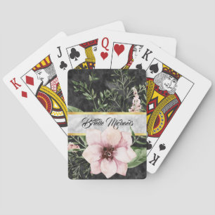 Eleganter schwarzer Marmor Rosa Blüte mit Namen Spielkarten