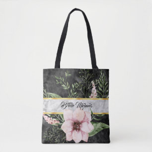 Eleganter schwarzer Marmor Rosa Blüte mit Namen Tasche