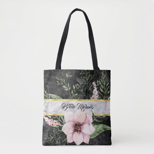Eleganter schwarzer Marmor Rosa Blüte mit Namen Tasche (Vorderseite)