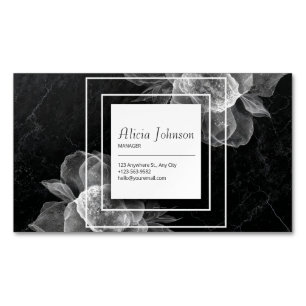 Eleganter schwarzer Marmor weiß floral quadratisch Magnetische Visitenkarte