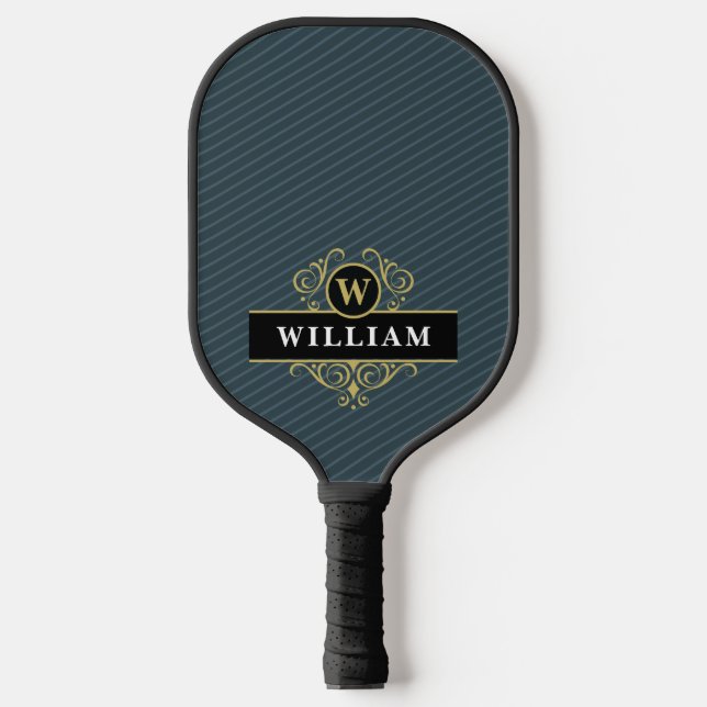 Eleganter Schwarzer Monogram Pinstripe Pickleball Schläger (Vorderseite)