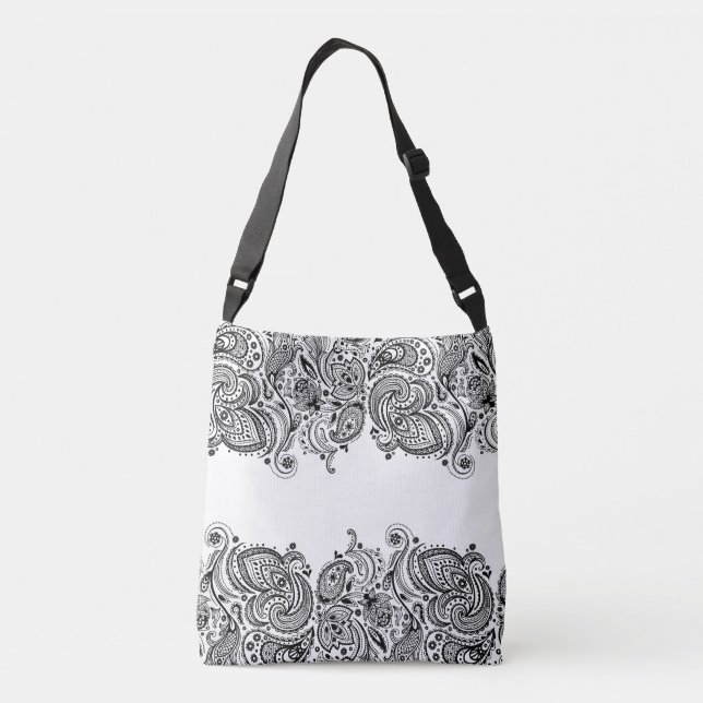 Eleganter schwarzer Paisley Spitzen Weißer Hinterg Tragetaschen Mit Langen Trägern (Rückseite)