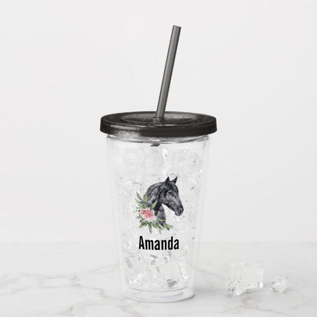 Eleganter Schwarzer Pferdekopf mit Blume Wasserfar Acryltrinkbecher (Rückseite Ice)